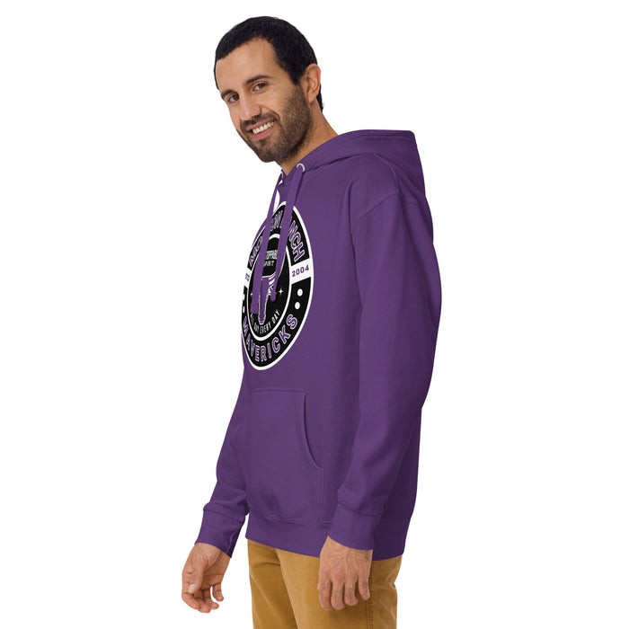 Man wearing Morton Ranch High School Mavericks Premium Purple Unisex Hoodie 239