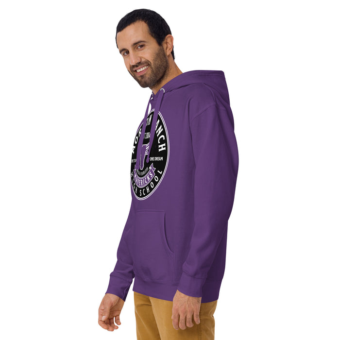 Man wearing Morton Ranch High School Mavericks Premium Purple Unisex Hoodie 215