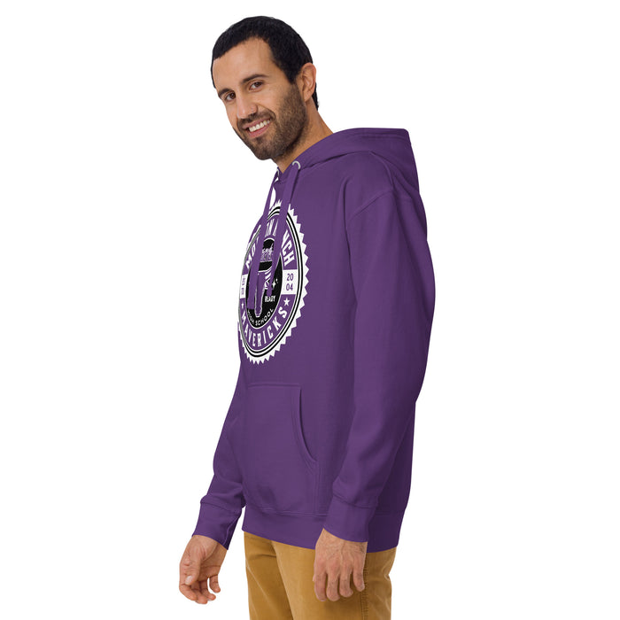 Man wearing Morton Ranch High School Mavericks Premium Purple Unisex Hoodie 203