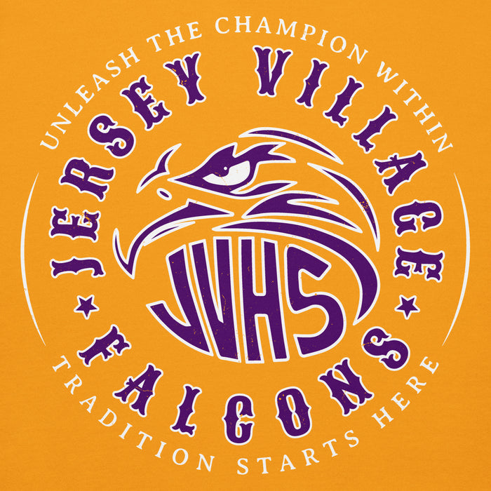 Close-up view of Jersey Village High School Falcons Premium Gold Hoodie 214