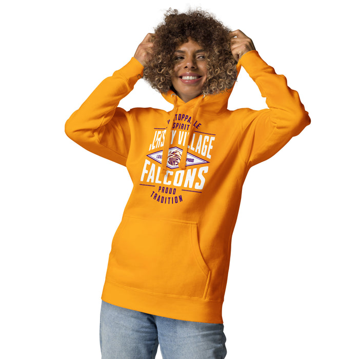 Woman wearing Jersey Village High School Falcons Premium Gold Hoodie 2
