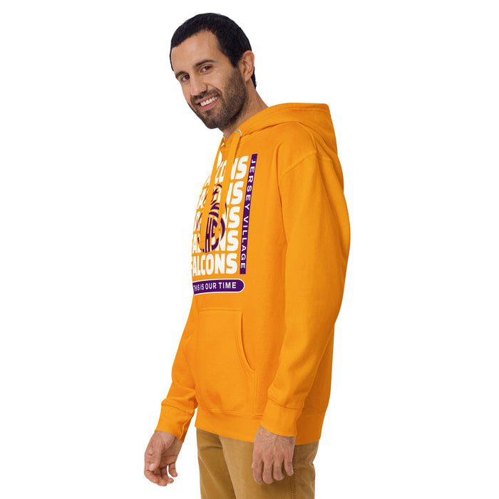 Man wearing Jersey Village High School Falcons Premium Gold Hoodie 235