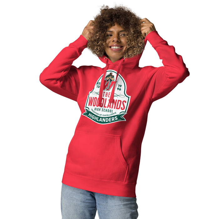 Woman wearing The Woodlands High School Highlanders Red Premium Unisex Hoodie 219
