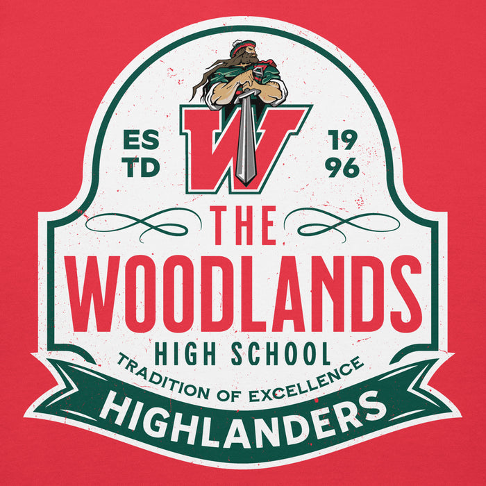 Close-up view of The Woodlands High School Highlanders Red Premium Unisex Hoodie 219