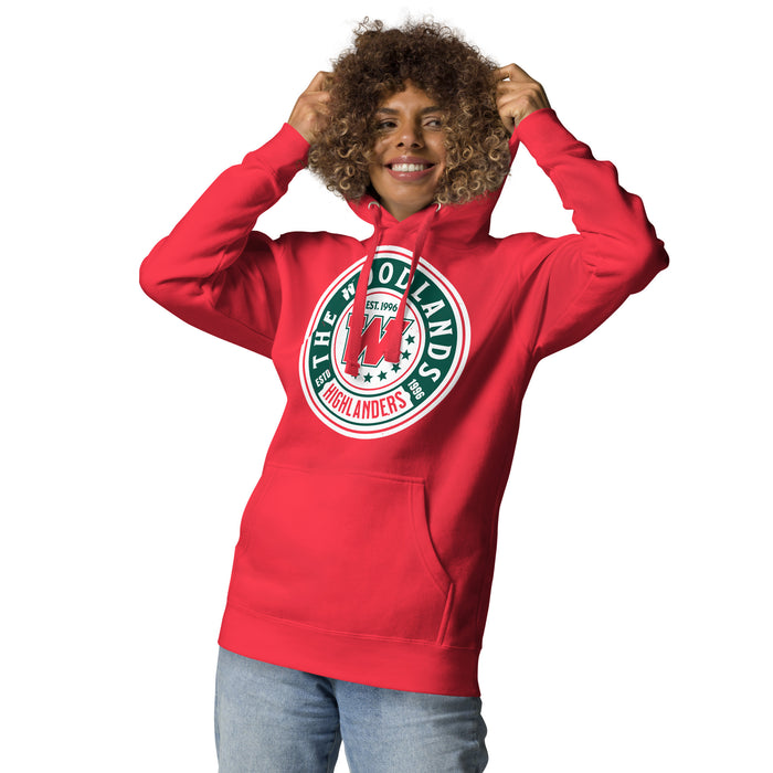 Woman wearing The Woodlands High School Highlanders Red Premium Unisex Hoodie 220