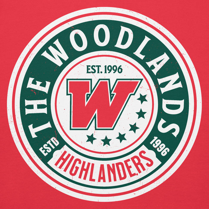 Close-up view of The Woodlands High School Highlanders Red Premium Unisex Hoodie 220