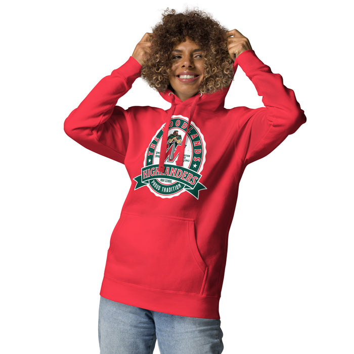Woman wearing The Woodlands High School Highlanders Red Premium Unisex Hoodie 212