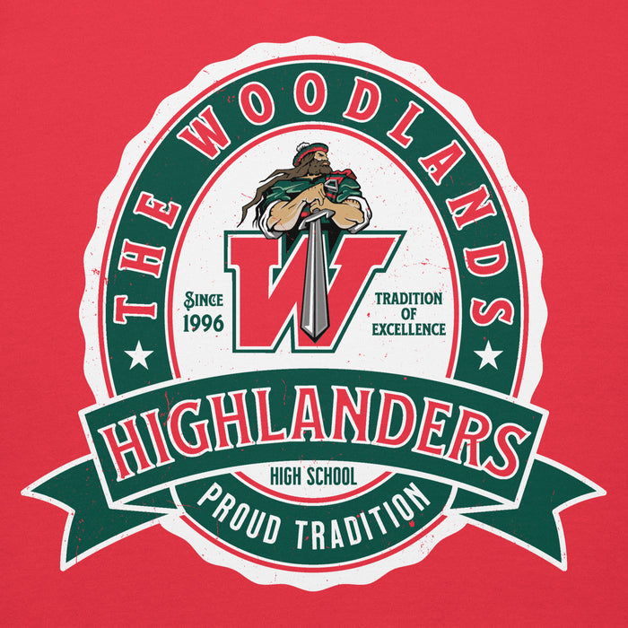 Close-up view of The Woodlands High School Highlanders Red Premium Unisex Hoodie 212
