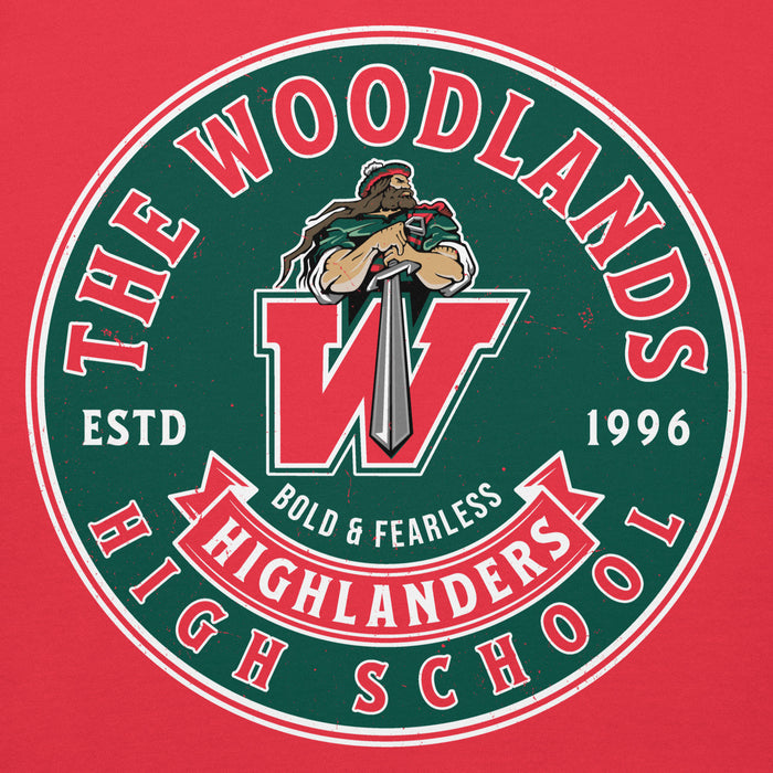Close-up view of The Woodlands High School Highlanders Red Premium Unisex Hoodie 215