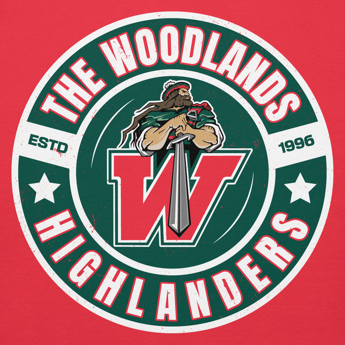 Close-up view of The Woodlands High School Highlanders Red Premium Unisex Hoodie 239
