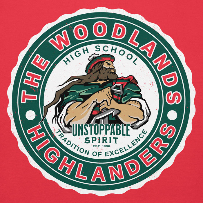 Close-up view f The Woodlands High School Highlanders Red Premium Unisex Hoodie 216