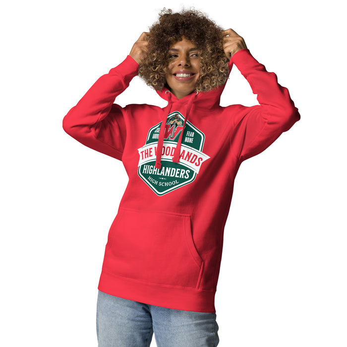 Woman wearing The Woodlands High School Highlanders Red Premium Unisex Hoodie 209