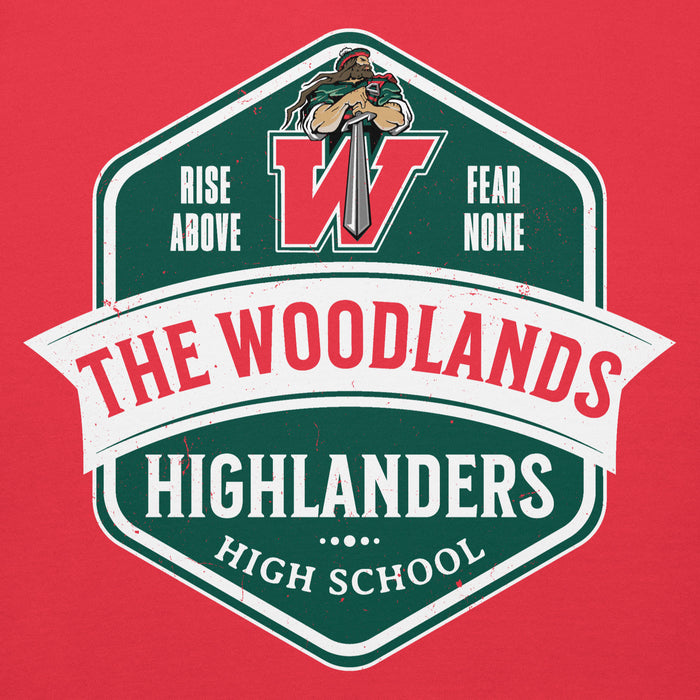 Close-up view of The Woodlands High School Highlanders Red Premium Unisex Hoodie 209