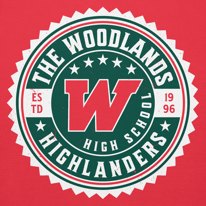 Close-up view of The Woodlands High School Highlanders Red Premium Unisex Hoodie 203