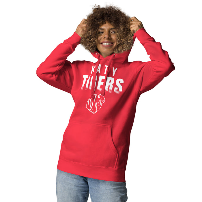 Woman wearing Katy High School Tigers Red Premium Unisex Hoodie 024