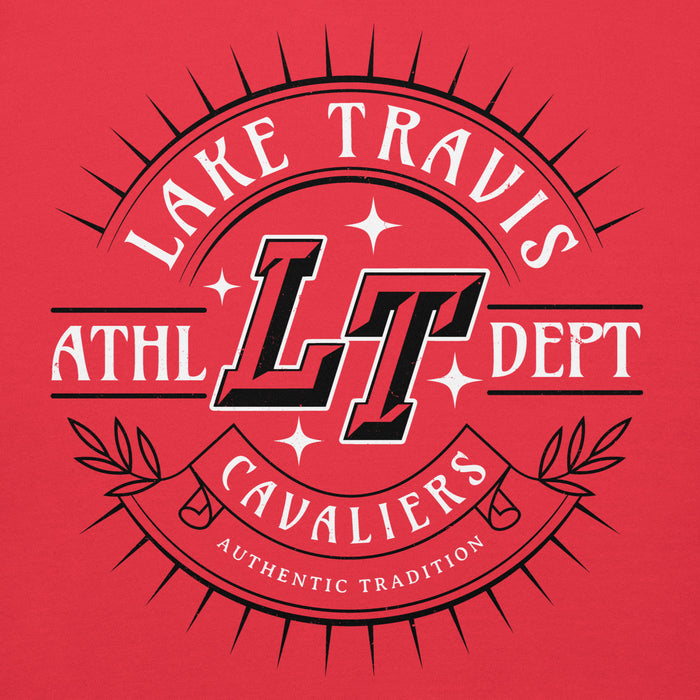 Close-up view of Lake Travis High School Cavaliers Red Premium Unisex Hoodie 201