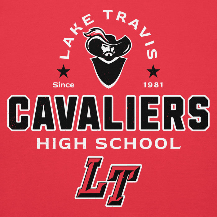 Man wearing Lake Travis High School Cavaliers Red Premium Unisex Hoodie 222