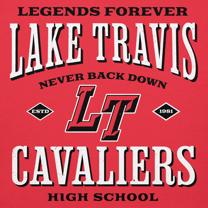 Close-up view of Lake Travis High School Cavaliers Red Premium Unisex Hoodie 230