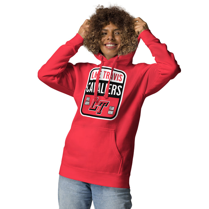 Woman wearing Lake Travis High School Cavaliers Red Premium Unisex Hoodie 001