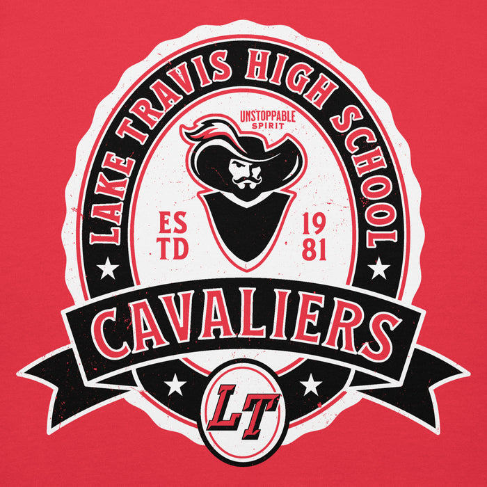 Close-up view of Lake Travis High School Cavaliers Red Premium Unisex Hoodie 212