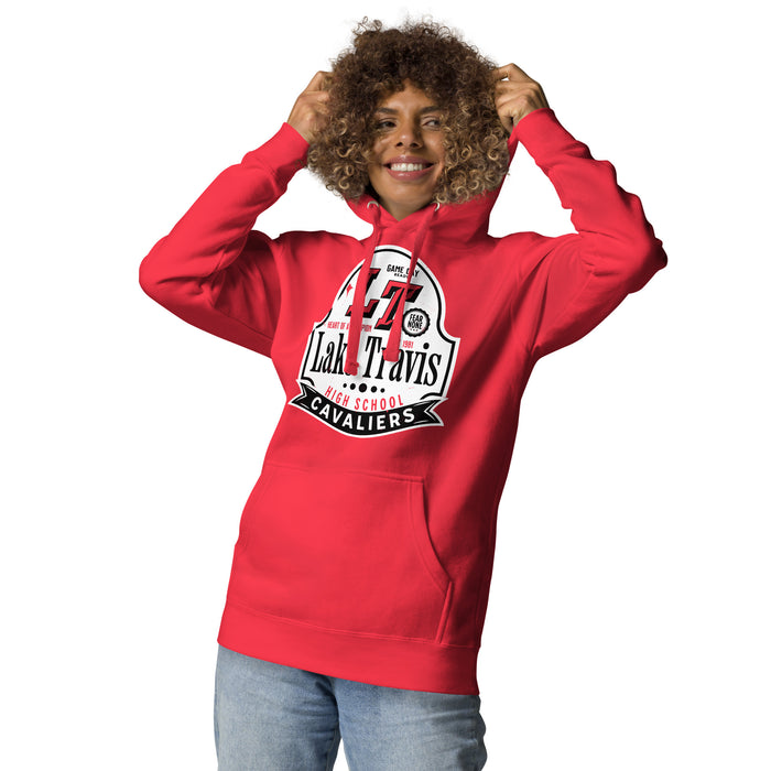 Woman wearing Lake Travis High School Cavaliers Red Premium Unisex Hoodie 219