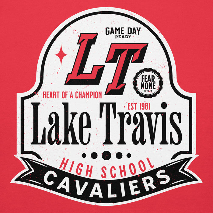 Close-up view of Lake Travis High School Cavaliers Red Premium Unisex Hoodie 219