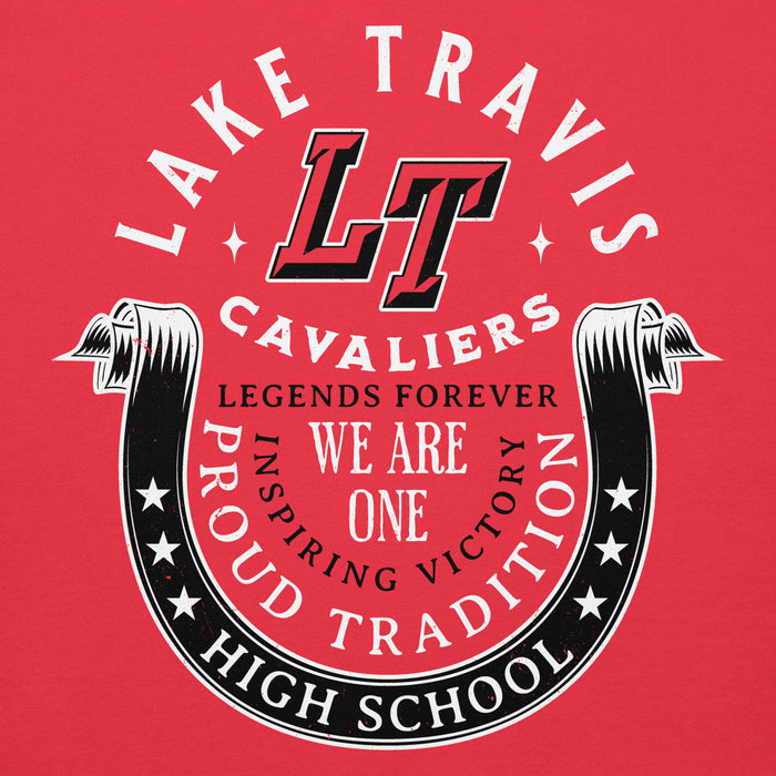 Close-up view of Lake Travis High School Cavaliers Red Premium Unisex Hoodie 229