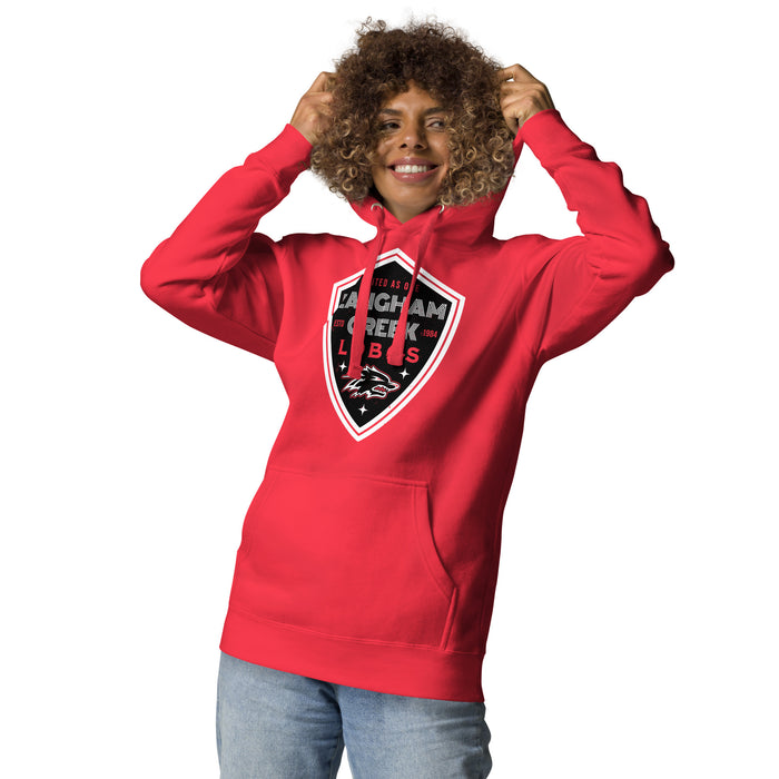 Woman wearing Langham Creek High School Lobos Red Premium Unisex Hoodie 225