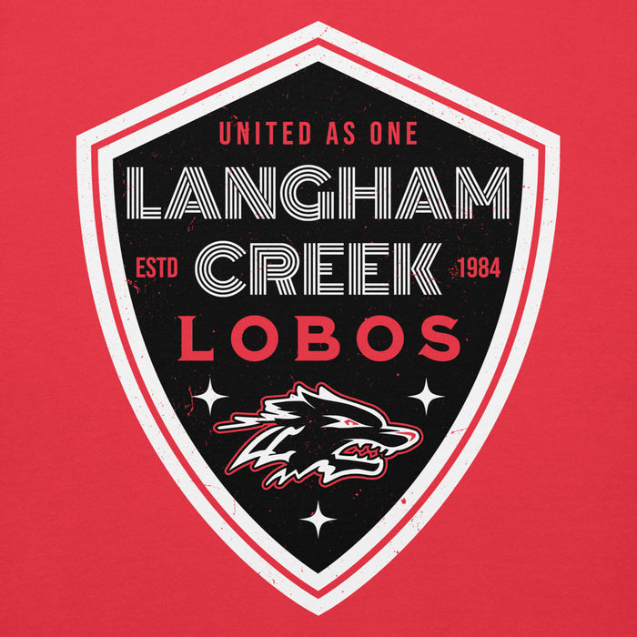 Close-up view of Langham Creek High School Lobos Red Premium Unisex Hoodie 225