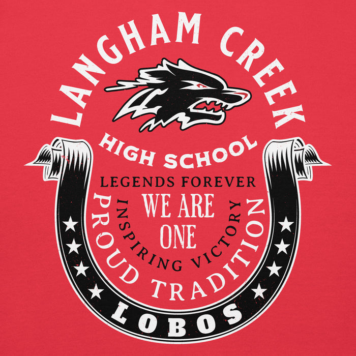 Close-up view of Langham Creek High School Lobos Red Premium Unisex Hoodie 229