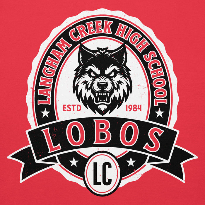 Close-up view of Langham Creek High School Lobos Red Premium Unisex Hoodie 212