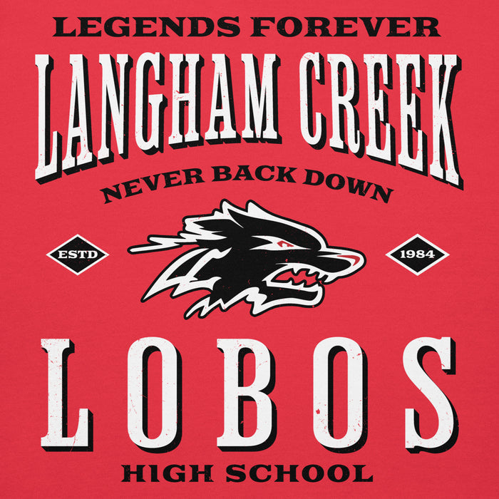 Back view of Langham Creek High School Lobos Red Premium Unisex Hoodie 230