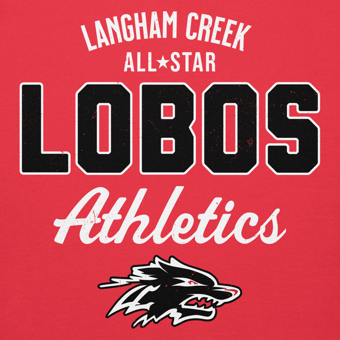Close-up view of Langham Creek High School Lobos Red Premium Unisex Hoodie 034