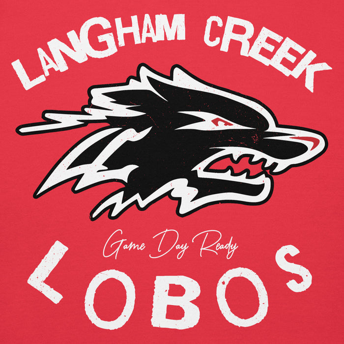 Close-up view of Langham Creek High School Lobos Red Premium Unisex Hoodie 228