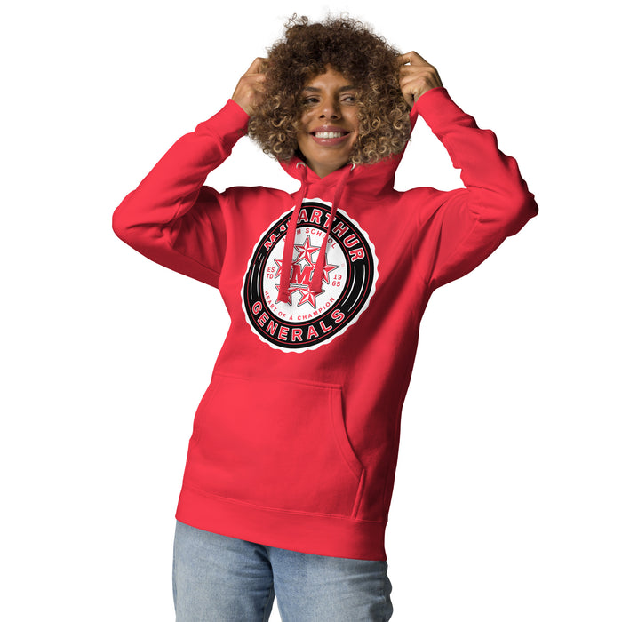 Woman wearing MacArthur High School Generals Red Premium Unisex Hoodie 216
