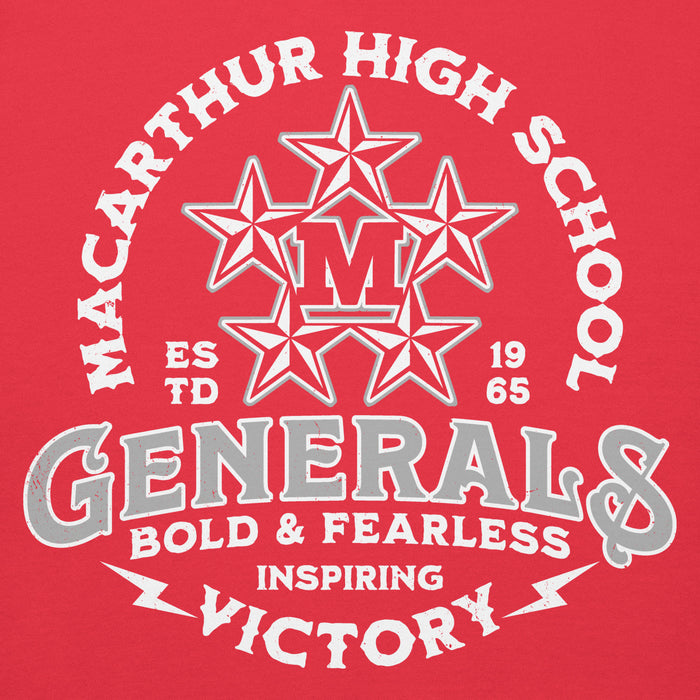 Close-up view of MacArthur High School Generals Red Premium Unisex Hoodie 206