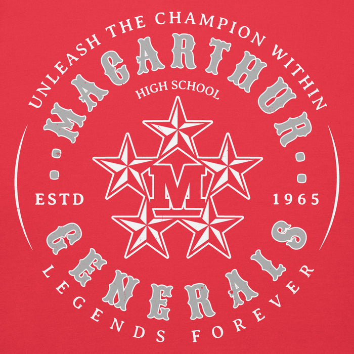 Close-up view of MacArthur High School Generals Red Premium Unisex Hoodie 214