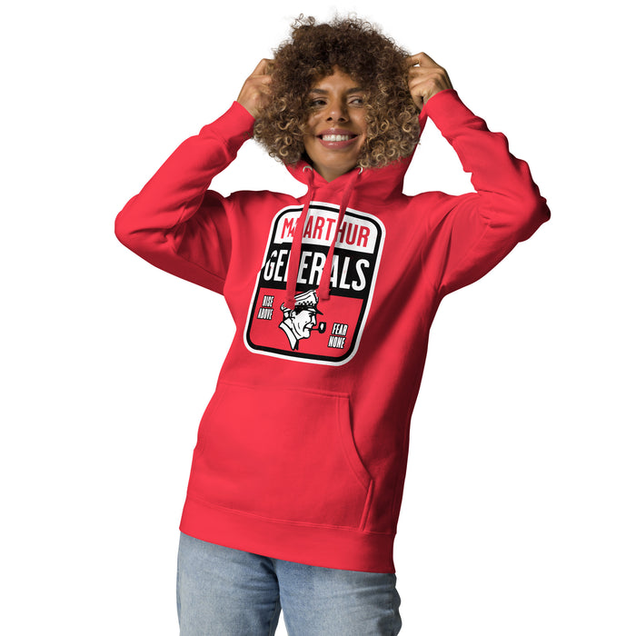 Woman wearing MacArthur High School Generals Red Premium Unisex Hoodie 001