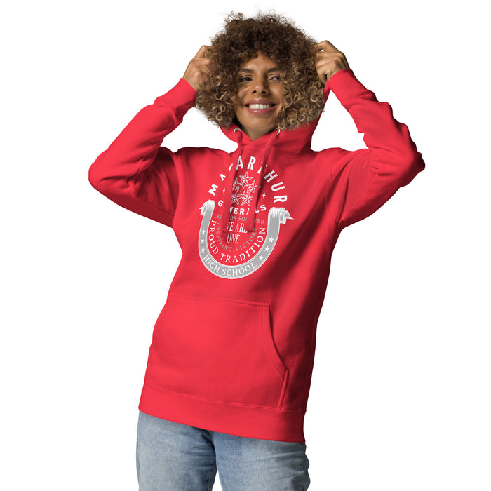 Woman wearing MacArthur High School Generals Red Premium Unisex Hoodie 229