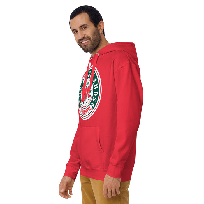 Man wearing The Woodlands High School Highlanders Red Premium Unisex Hoodie 220