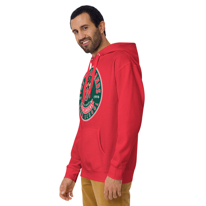 Man wearing The Woodlands High School Highlanders Red Premium Unisex Hoodie 215