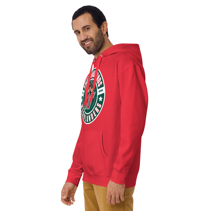 Man wearing The Woodlands High School Highlanders Red Premium Unisex Hoodie 239