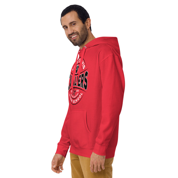 Man wearing Lake Travis High School Cavaliers Red Premium Unisex Hoodie 218