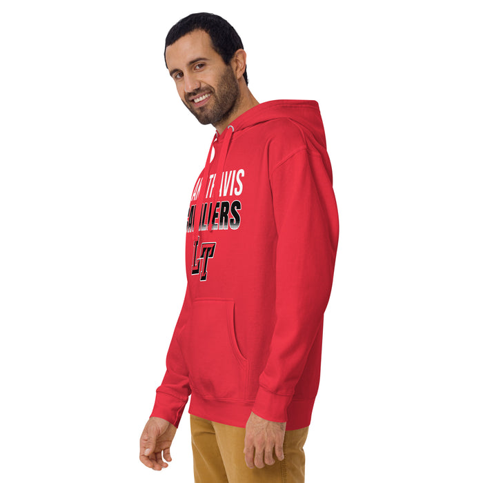 Man wearing Lake Travis High School Cavaliers Red Premium Unisex Hoodie 024