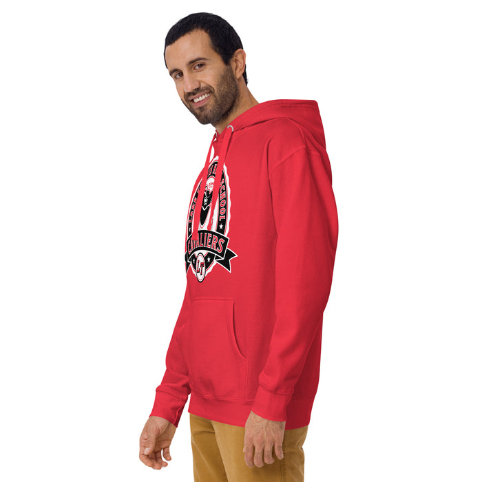 Man wearing Lake Travis High School Cavaliers Red Premium Unisex Hoodie 212