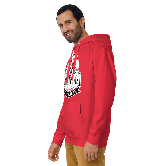 Man wearing Lake Travis High School Cavaliers Red Premium Unisex Hoodie 219