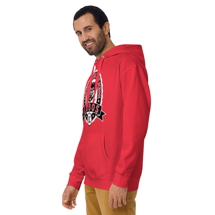 Man wearing Langham Creek High School Lobos Red Premium Unisex Hoodie 212