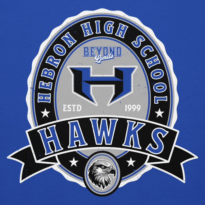 Close-up view of Hebron High School Hawks Royal Blue Premium Unisex Hoodie 218