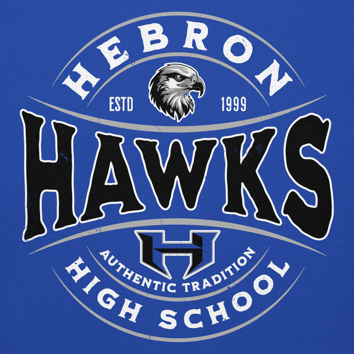 Close-up view of Hebron High School Hawks Royal Blue Premium Unisex Hoodie 218