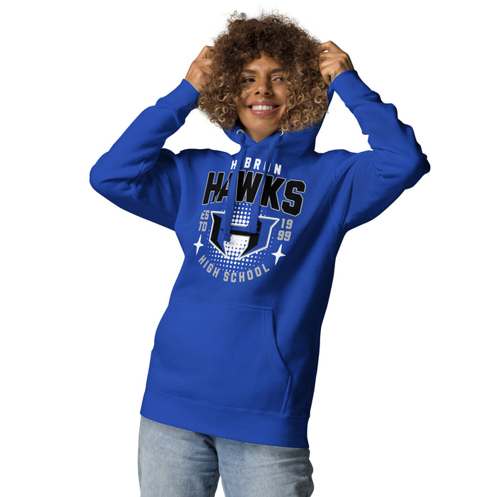 Woman wearing Hebron High School Hawks Royal Blue Premium Unisex Hoodie 204